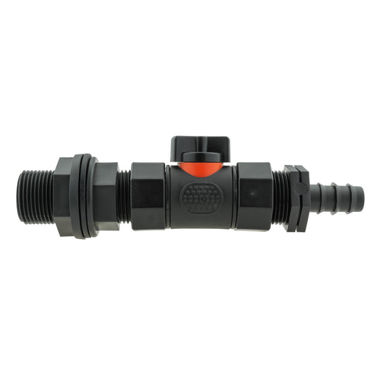 Water Butt Connector 3/4" BSP with Valve and 16mm Barbed Straight