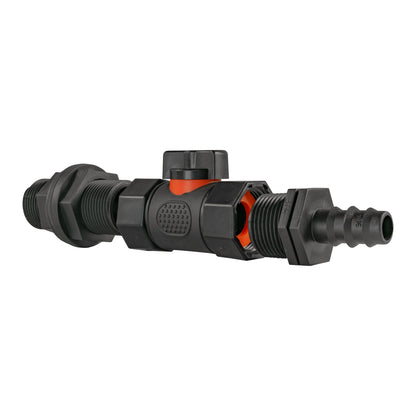 Water Butt Connector 3/4" BSP with Valve and 16mm Barbed Straight