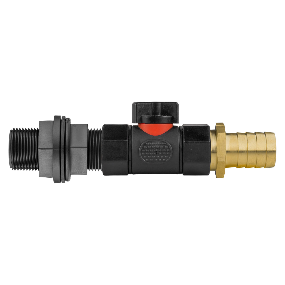 Water-butt tank connector with black inline valve and 25mm brass barb.