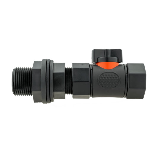Water-butt tank connector with black inline valve and ¾″ bsp female outlet.