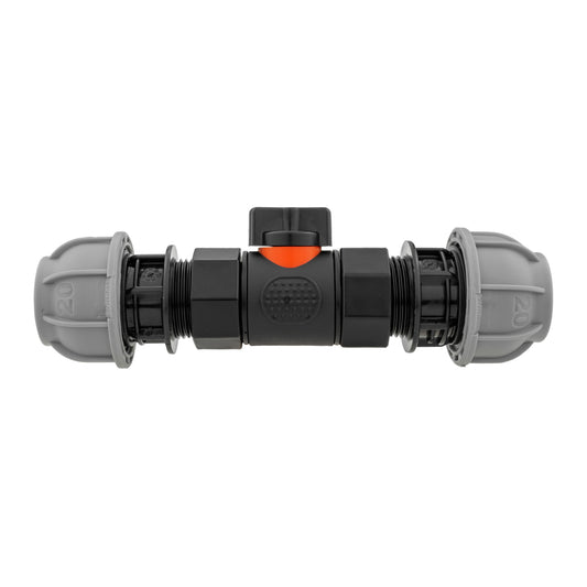 20mm MDPE compression adapter with black inline valve and 20mm mdpe outlet.