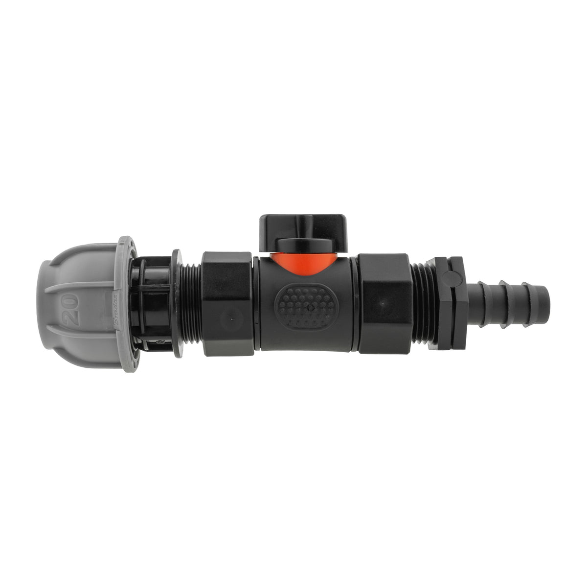 20mm MDPE compression adapter with black inline valve and 16mm irrigation barb.