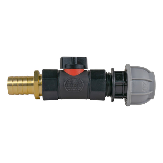 20mm MDPE compression adapter with black inline valve and 19mm brass barb.