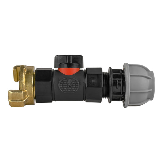 20mm MDPE compression adapter with black inline valve and claw outlet.