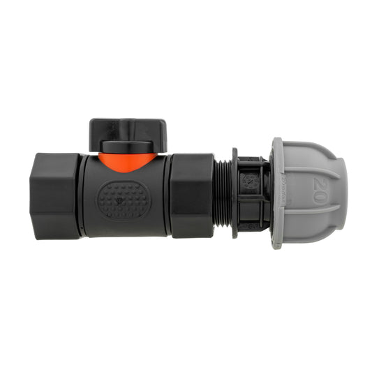 20mm MDPE compression adapter with black inline valve and ¾″ bsp female outlet.