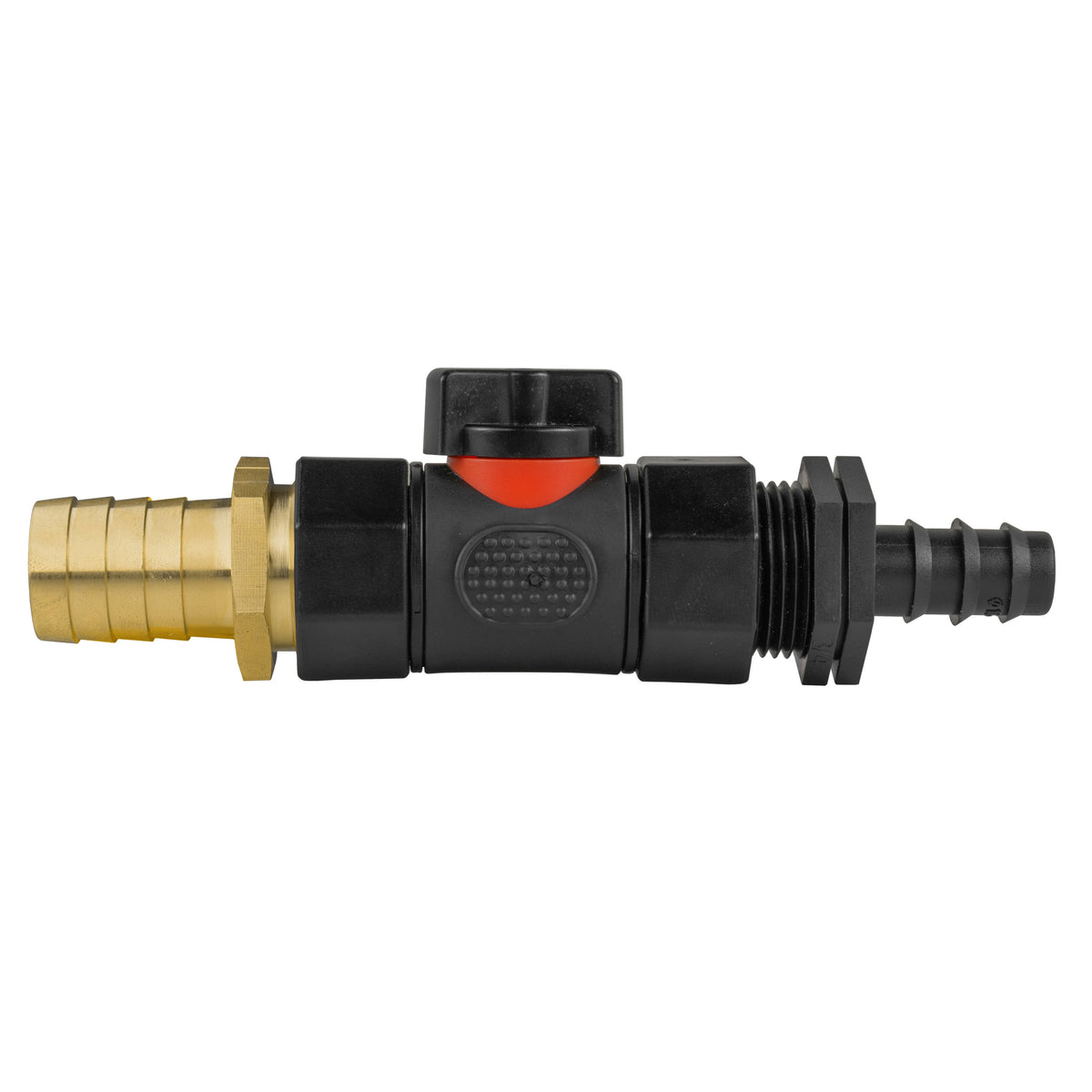 Black manual inline valve with 16mm irrigation-pipe barb and 19mm brass hose barb.