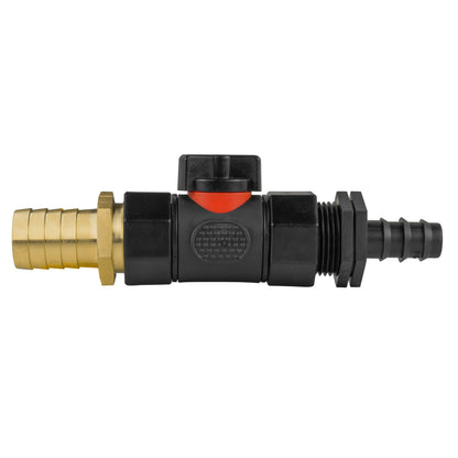 Black manual inline valve with 16mm irrigation-pipe barb and 19mm brass hose barb.