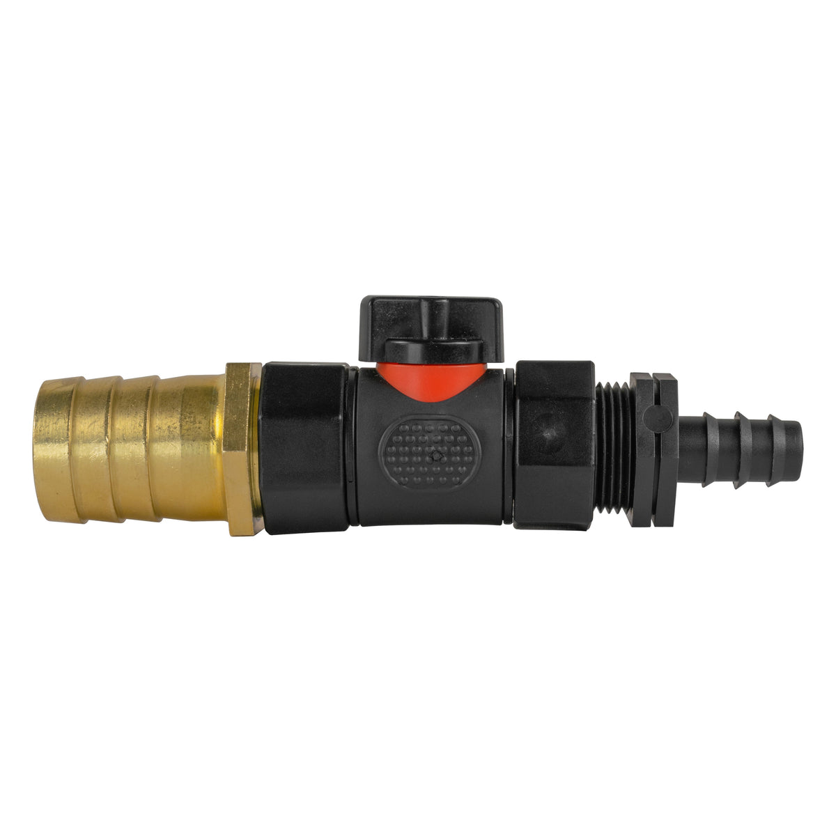 Black manual inline valve with 16mm irrigation-pipe barb and 25mm brass hose barb.