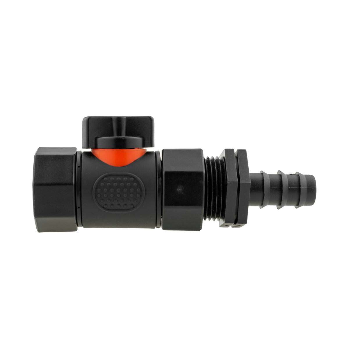 Black manual inline valve with 16mm irrigation-pipe barb and ¾″ BSP female threaded outlet.