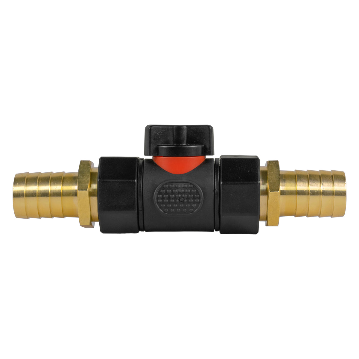 Black manual inline valve with 19mm brass hose barb and 19mm brass hose barb.
