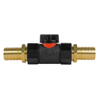 Black manual inline valve with 19mm brass hose barb and 19mm brass hose barb.