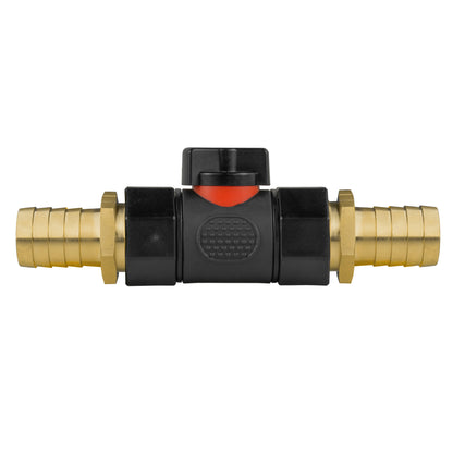 Black manual inline valve with 19mm brass hose barb and 25mm brass hose barb.