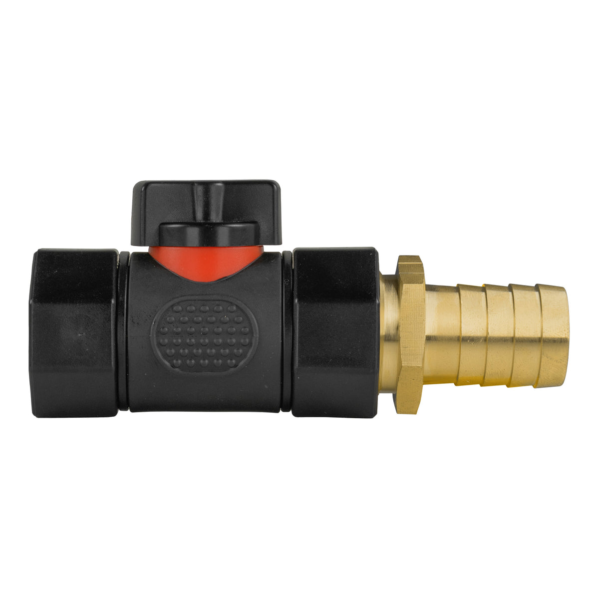 Black manual inline valve with 19mm brass hose barb and ¾″ BSP female threaded outlet.