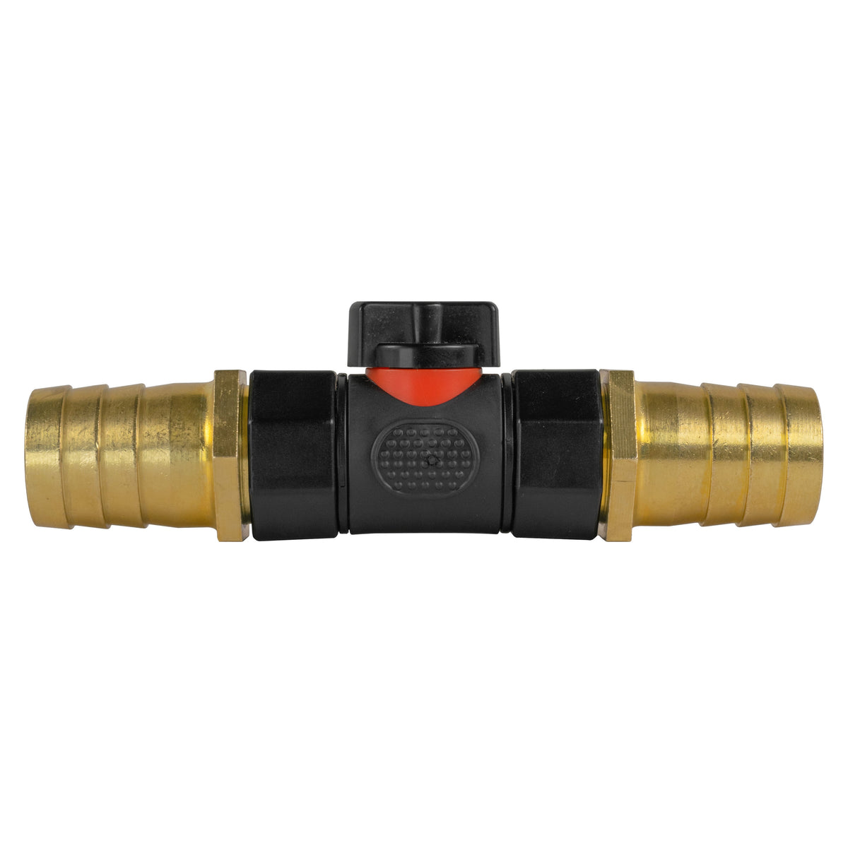 Black manual inline valve with 25mm brass hose barb and 25mm brass hose barb.