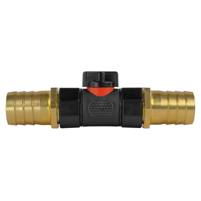 Black manual inline valve with 25mm brass hose barb and 25mm brass hose barb.