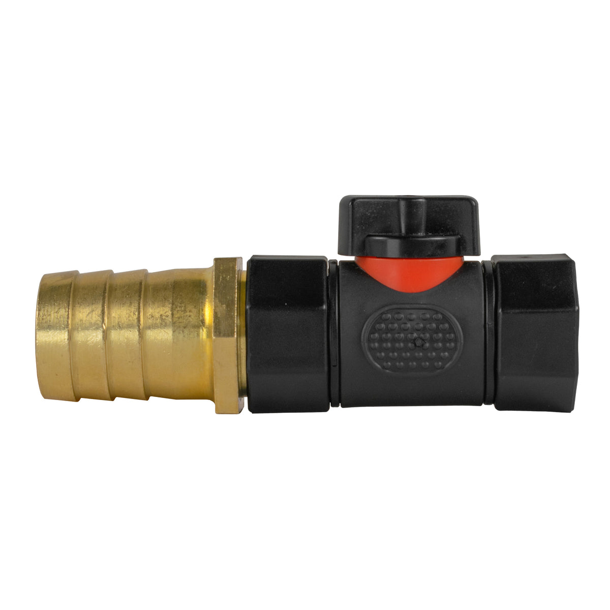 Black manual inline valve with 25mm brass hose barb and ¾″ BSP female threaded outlet.