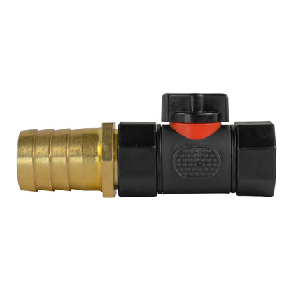 Black manual inline valve with 25mm brass hose barb and ¾″ BSP female threaded outlet.
