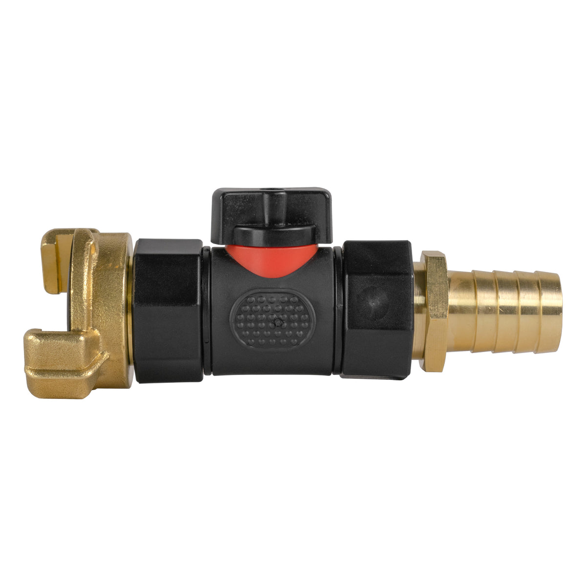 Black manual inline valve with Geka-type brass claw coupling and 19mm brass hose barb.
