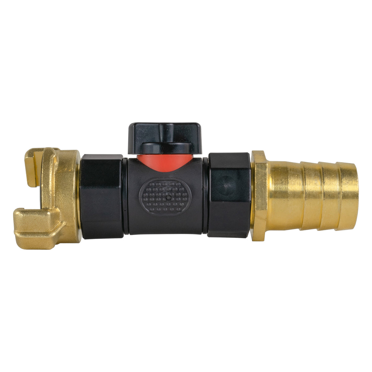 Black manual inline valve with Geka-type brass claw coupling and 25mm brass hose barb.
