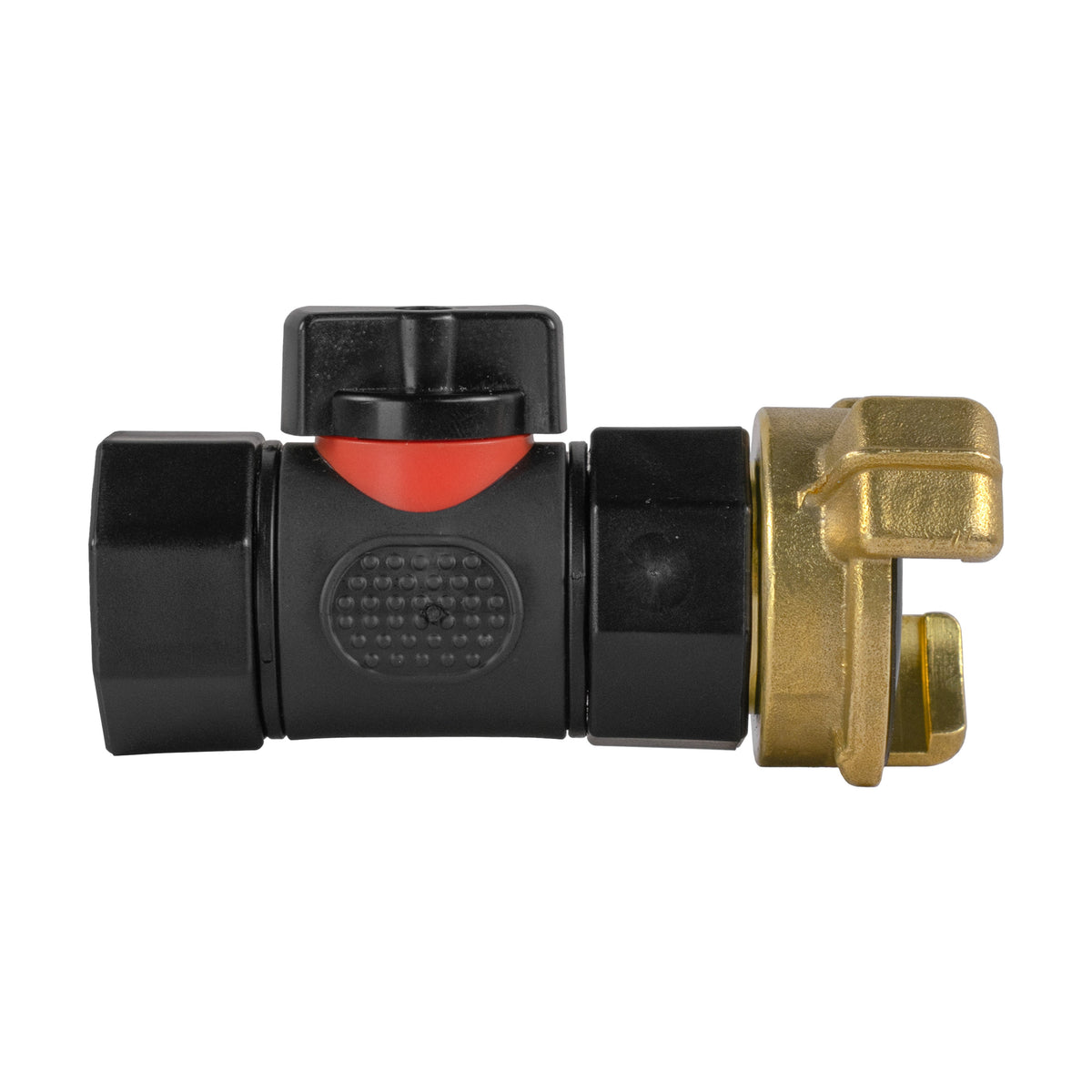 Black manual inline valve with Geka-type brass claw coupling and ¾″ BSP female threaded outlet.