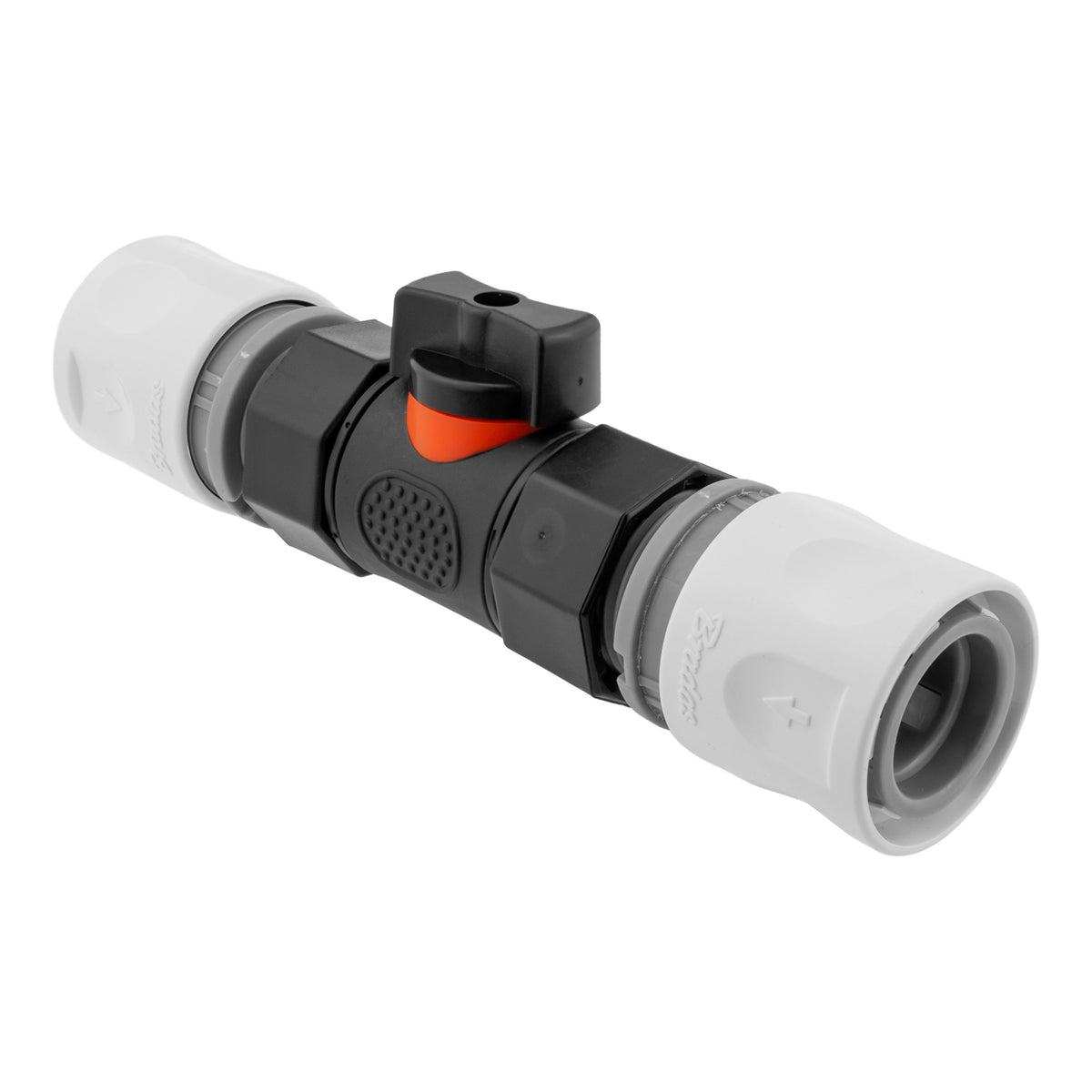 Black Inline Valve with 2 White Line Female Quick Couplings