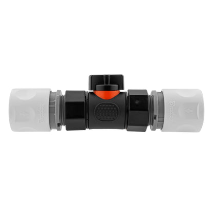 Black manual inline valve with white line female snap-on coupling and white line female snap-on coupling.
