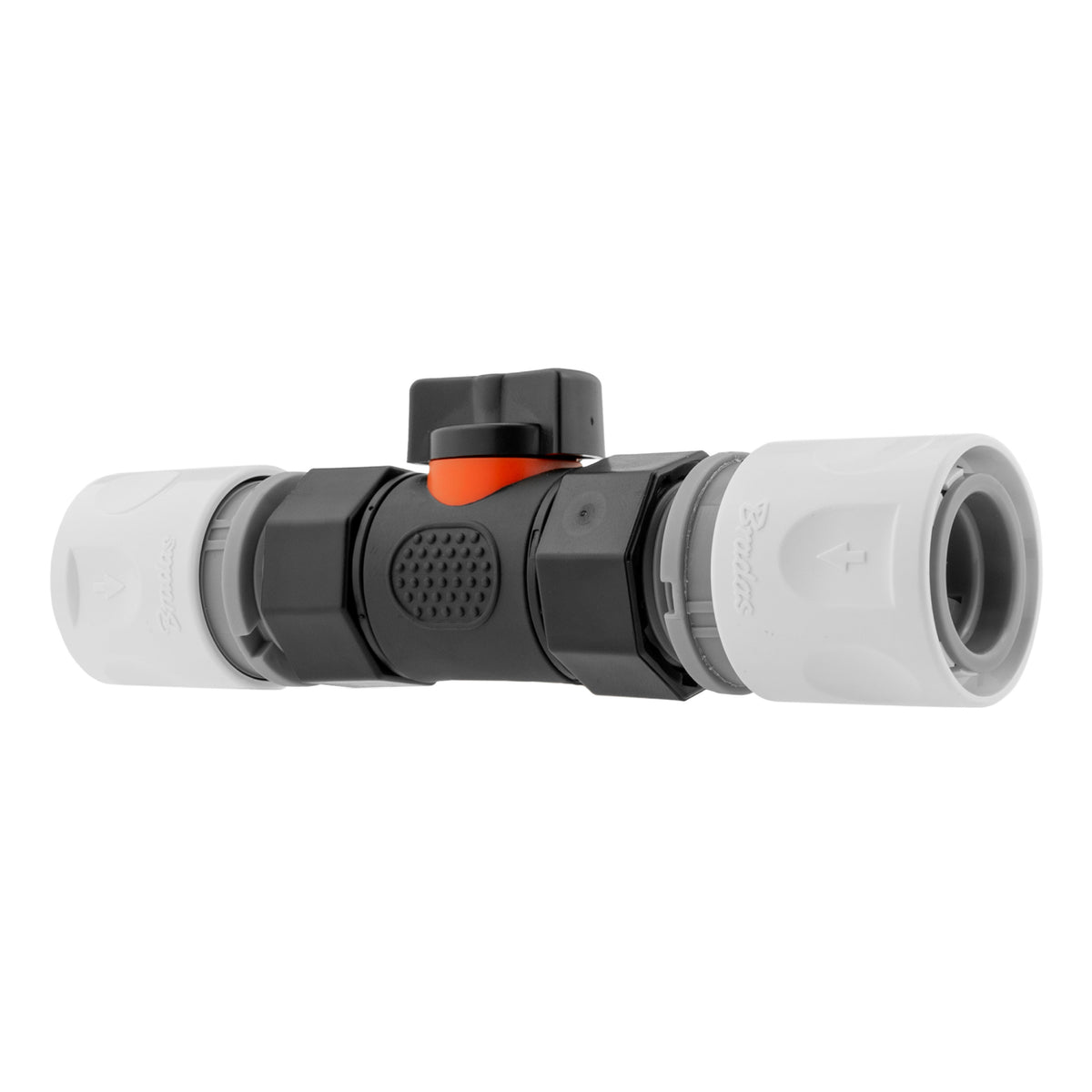 Black Inline Valve with 2 White Line Female Quick Couplings