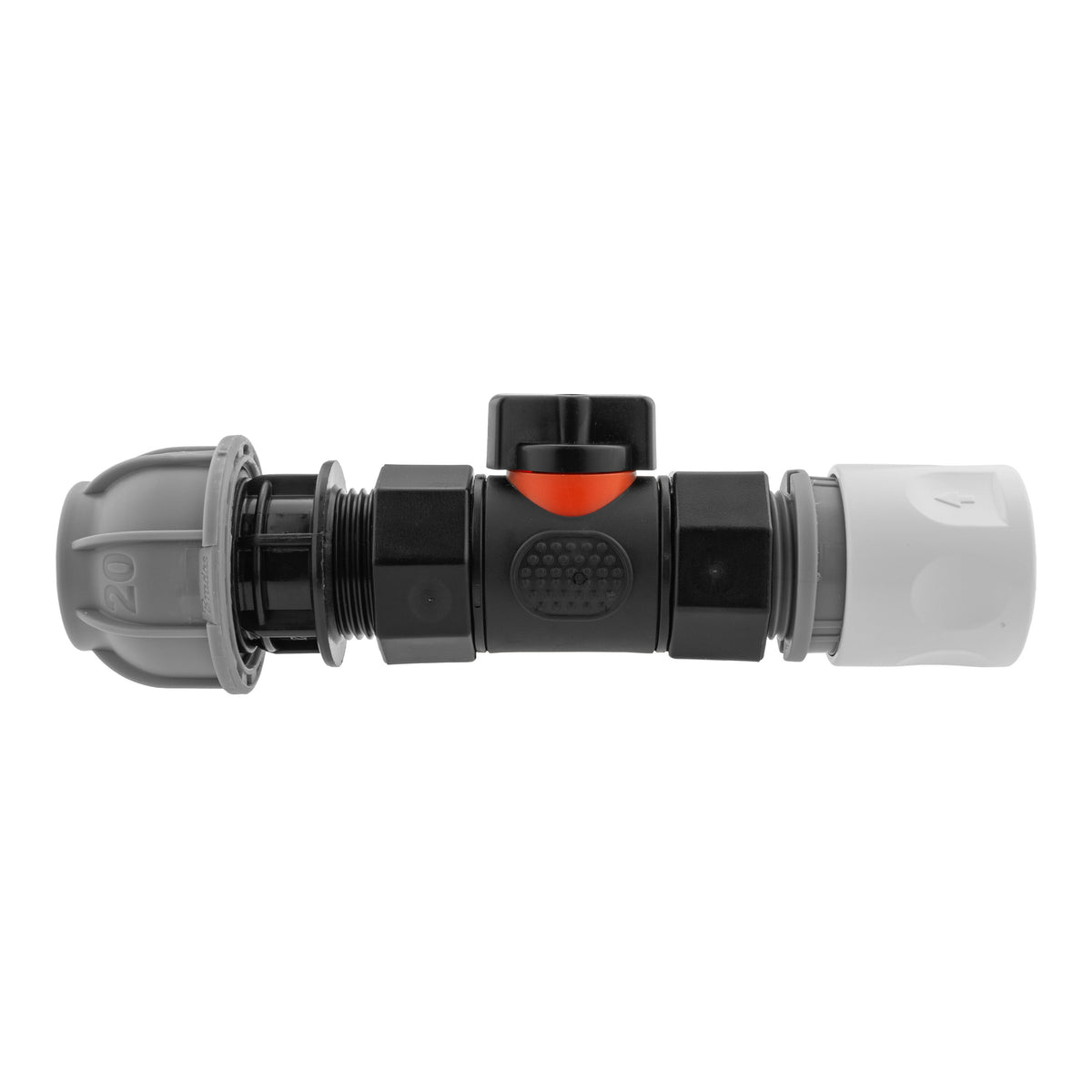Black manual inline valve with white line female snap-on coupling and 20mm MDPE compression fitting.