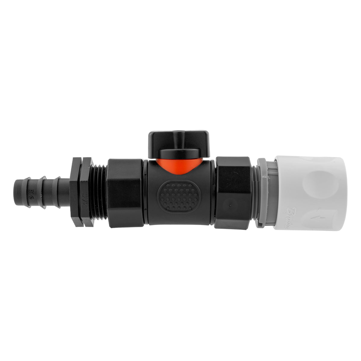 Black manual inline valve with white line female snap-on coupling and 16mm irrigation-pipe barb.