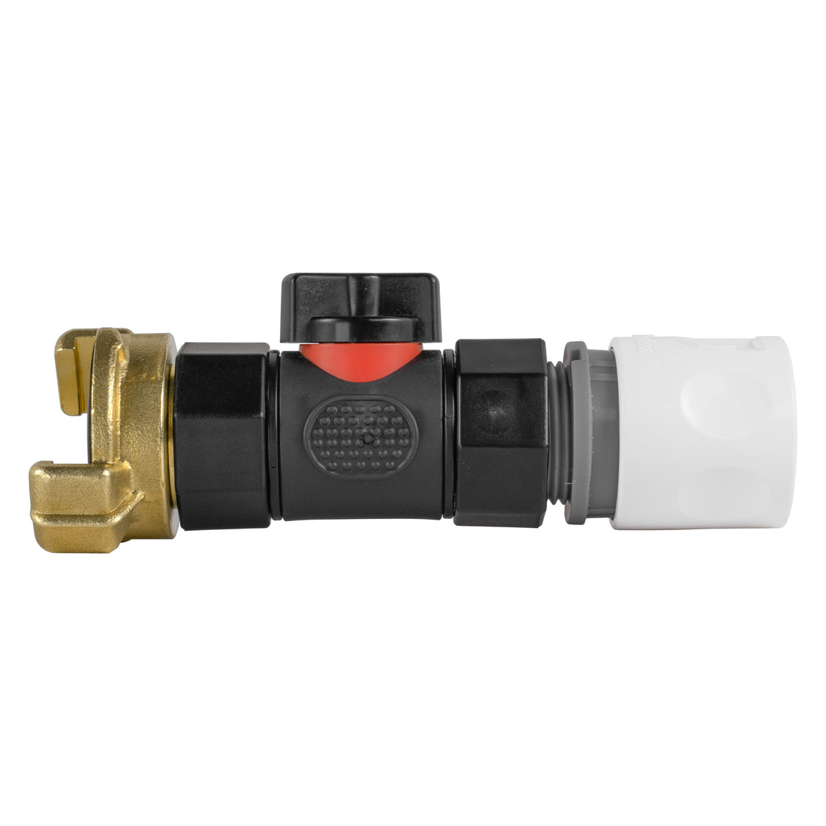 Black manual inline valve with white line female snap-on coupling and Geka-type brass claw coupling.