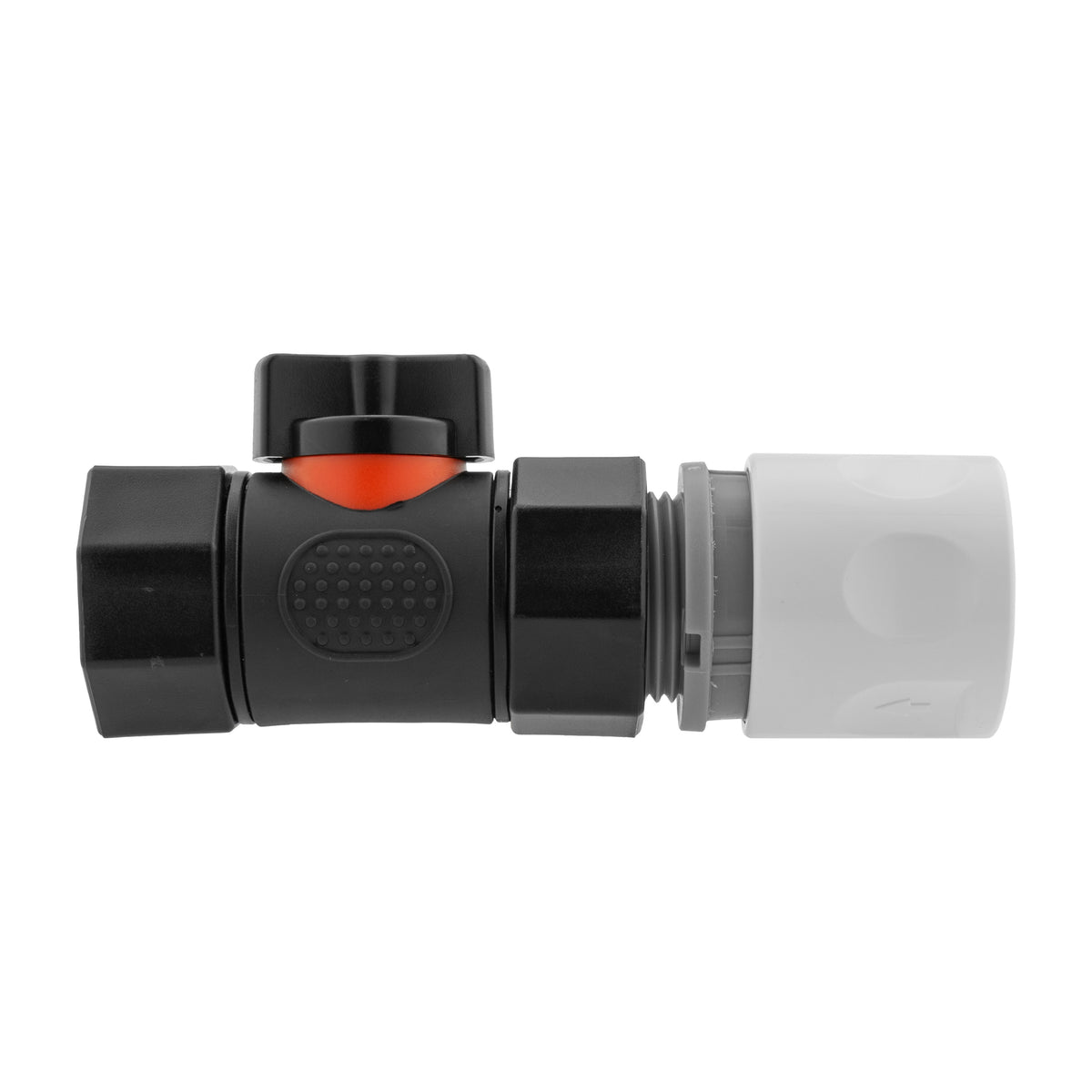 Black manual inline valve with white line female snap-on coupling and ¾″ BSP female threaded outlet.