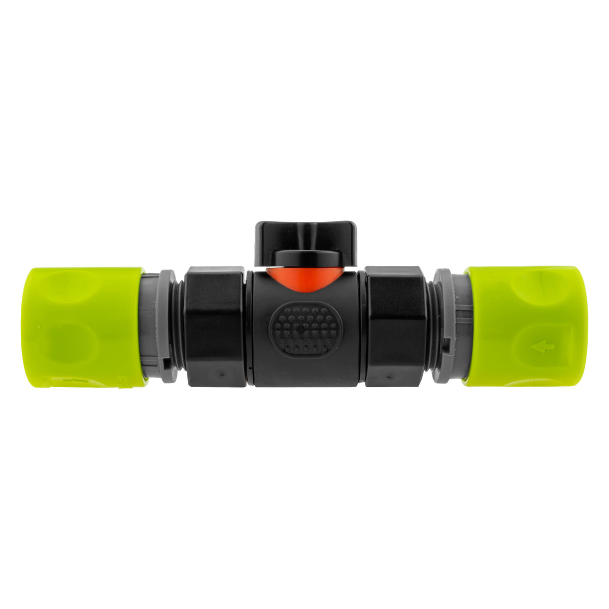 Black manual inline valve with lime female snap-on coupling and lime female snap-on coupling.