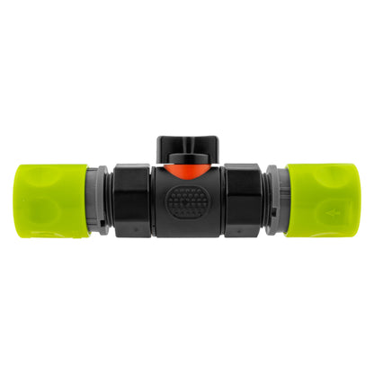 Black manual inline valve with lime female snap-on coupling and lime female snap-on coupling.