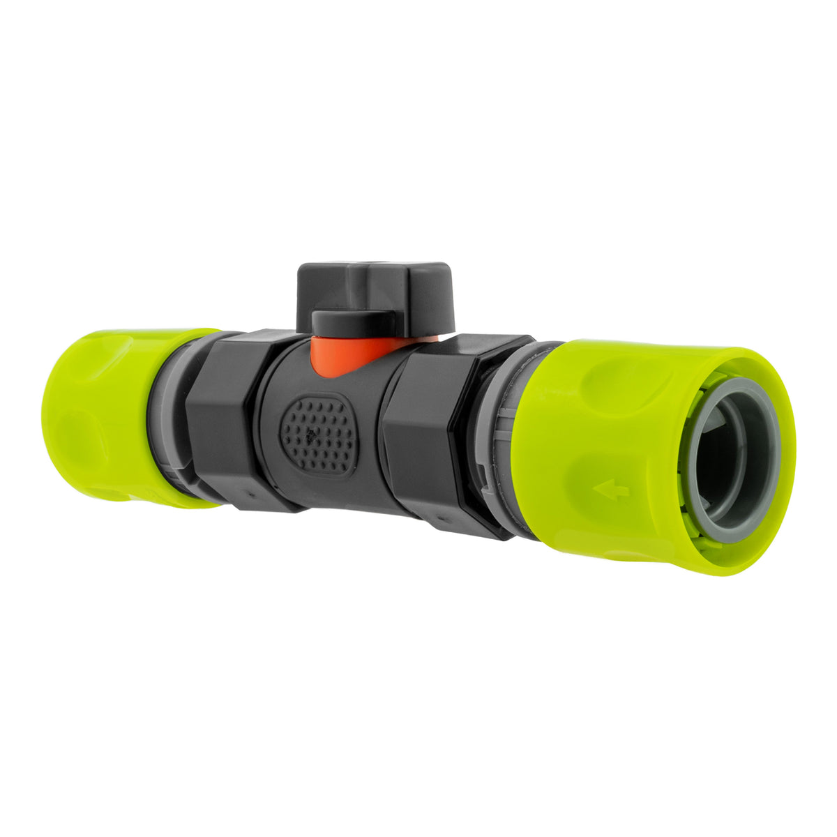Black Inline Valve with 2 Lime Female Quick Couplings
