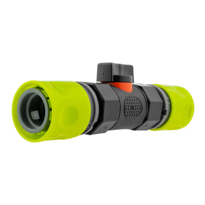 Black Inline Valve with 2 Lime Female Quick Couplings