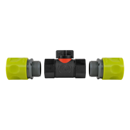 Black Inline Valve with 2 Lime Female Quick Couplings