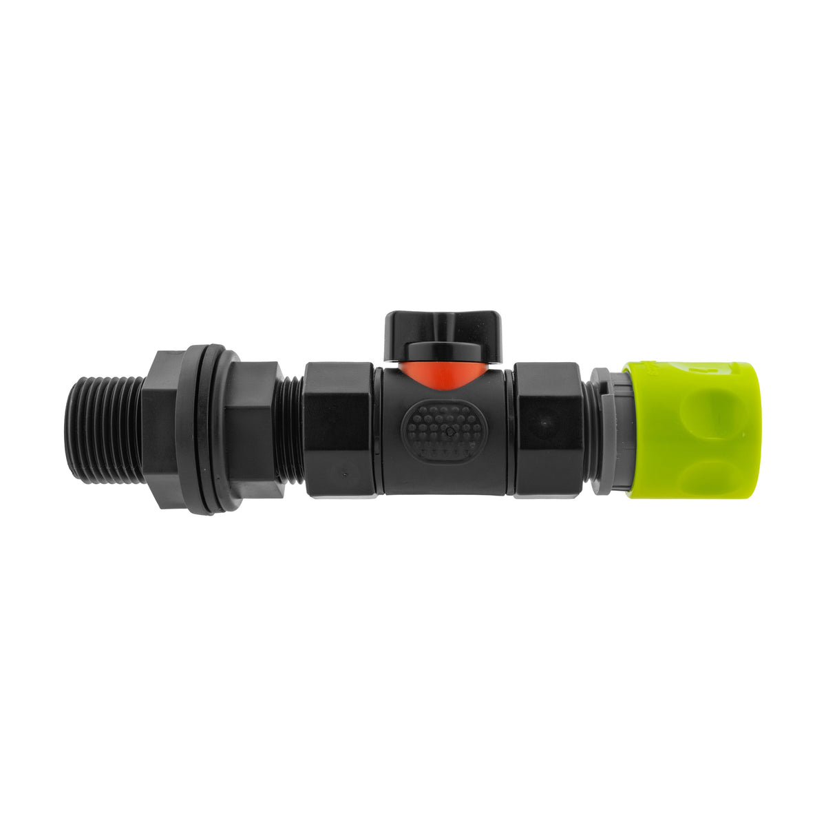 Black manual inline valve with lime female snap-on coupling and ¾″ BSP male water-butt tank connector.