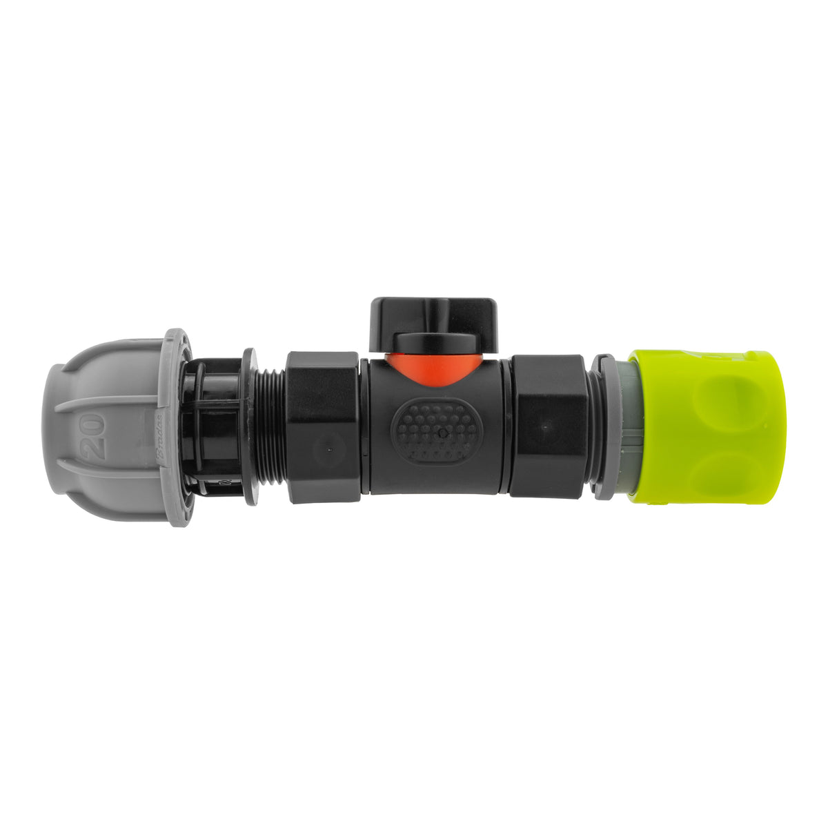 Black manual inline valve with lime female snap-on coupling and 20mm MDPE compression fitting.