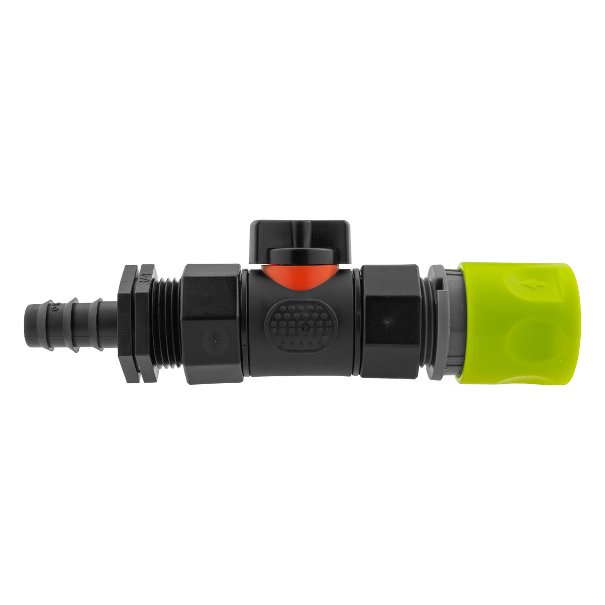 Black manual inline valve with lime female snap-on coupling and 16mm irrigation-pipe barb.