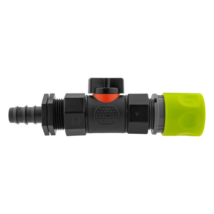 Black manual inline valve with lime female snap-on coupling and 16mm irrigation-pipe barb.