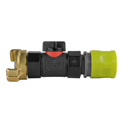 Black manual inline valve with lime female snap-on coupling and Geka-type brass claw coupling.