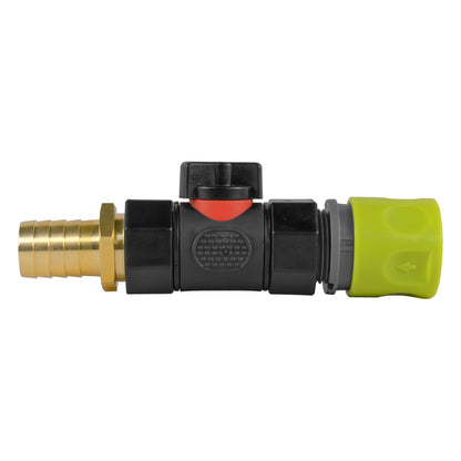 Black manual inline valve with lime female snap-on coupling and 19mm brass hose barb.