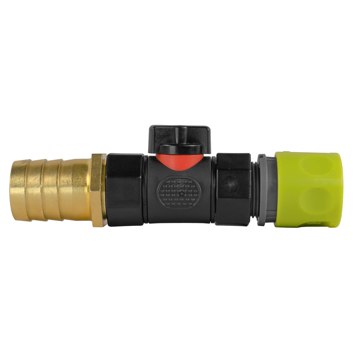 Black manual inline valve with lime female snap-on coupling and 25mm brass hose barb.