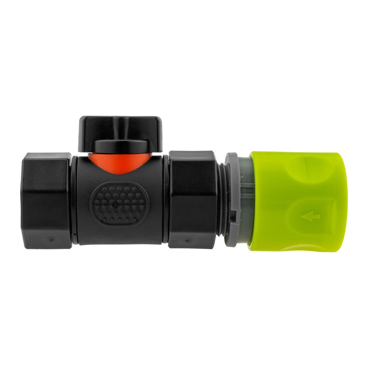 Black manual inline valve with lime female snap-on coupling and ¾″ BSP female threaded outlet.
