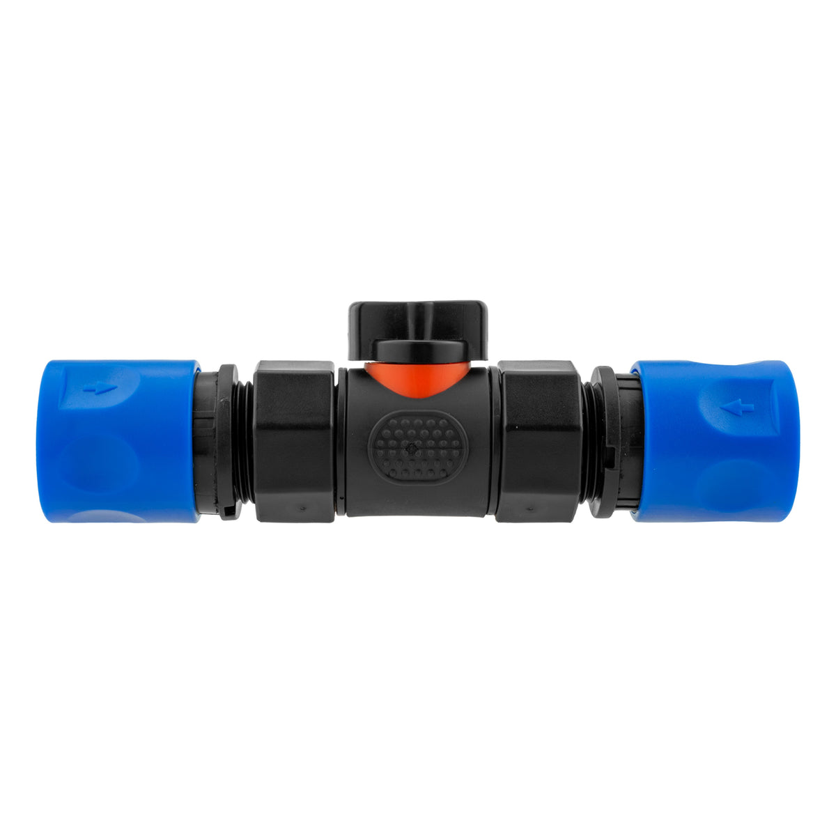 Black manual inline valve with blue female snap-on coupling and blue female snap-on coupling.