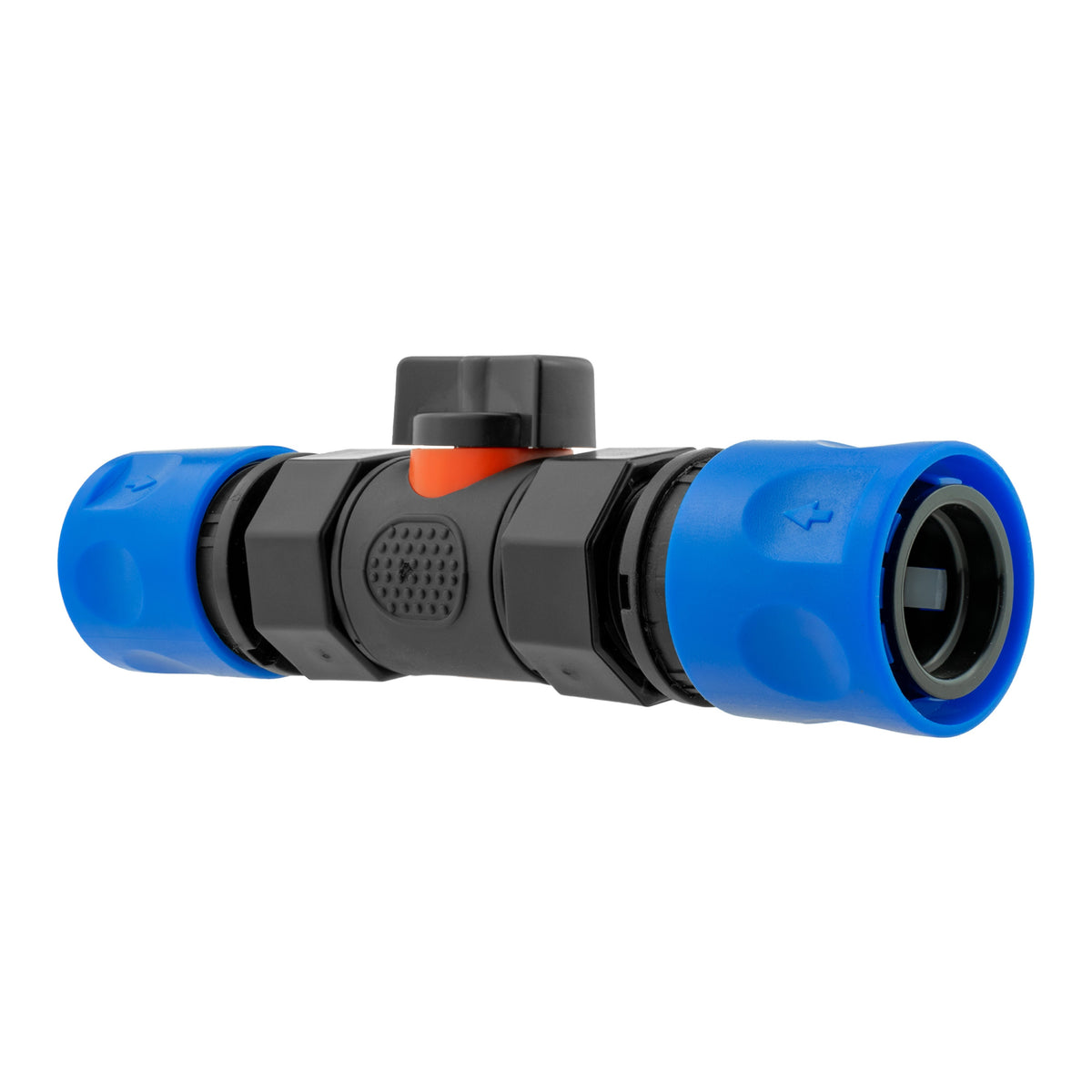 Black Inline Valve with 2 Blue Female Quick Couplings