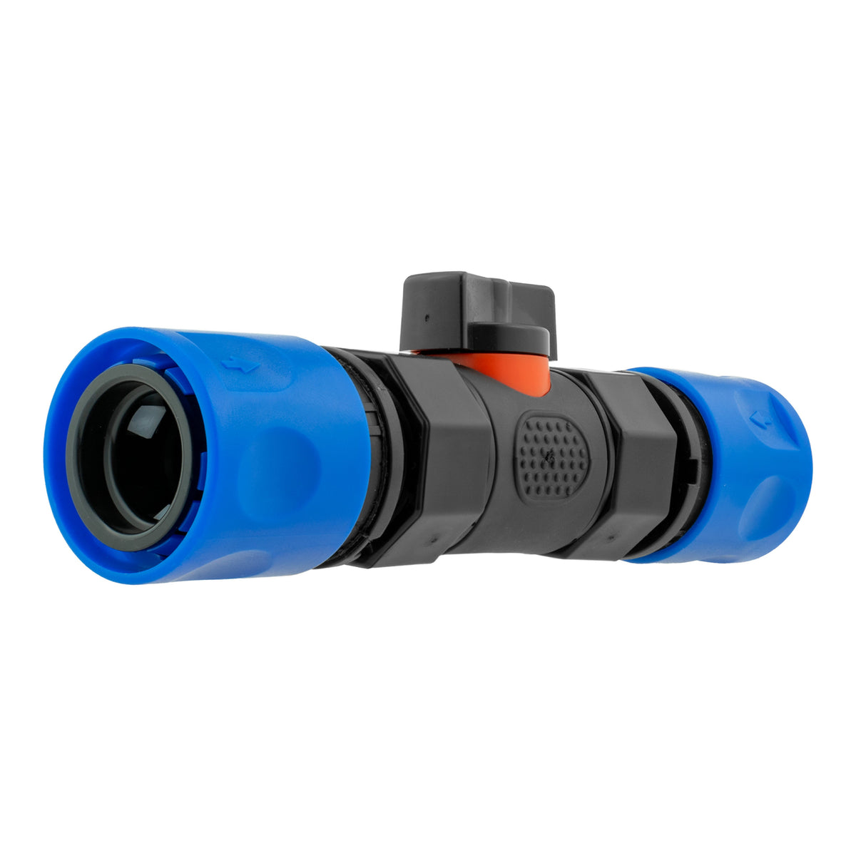 Black Inline Valve with 2 Blue Female Quick Couplings
