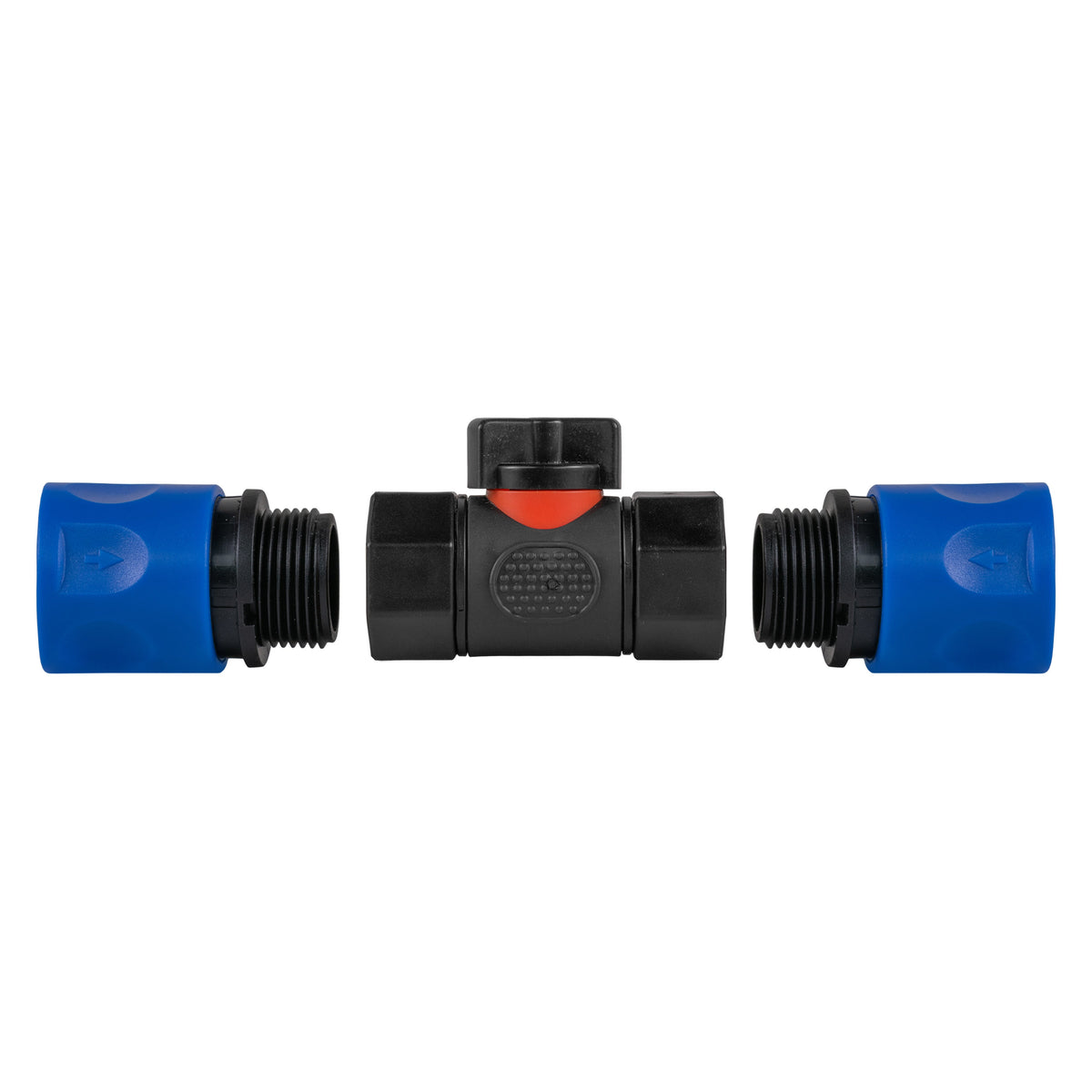 Black Inline Valve with 2 Blue Female Quick Couplings