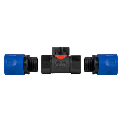 Black Inline Valve with 2 Blue Female Quick Couplings