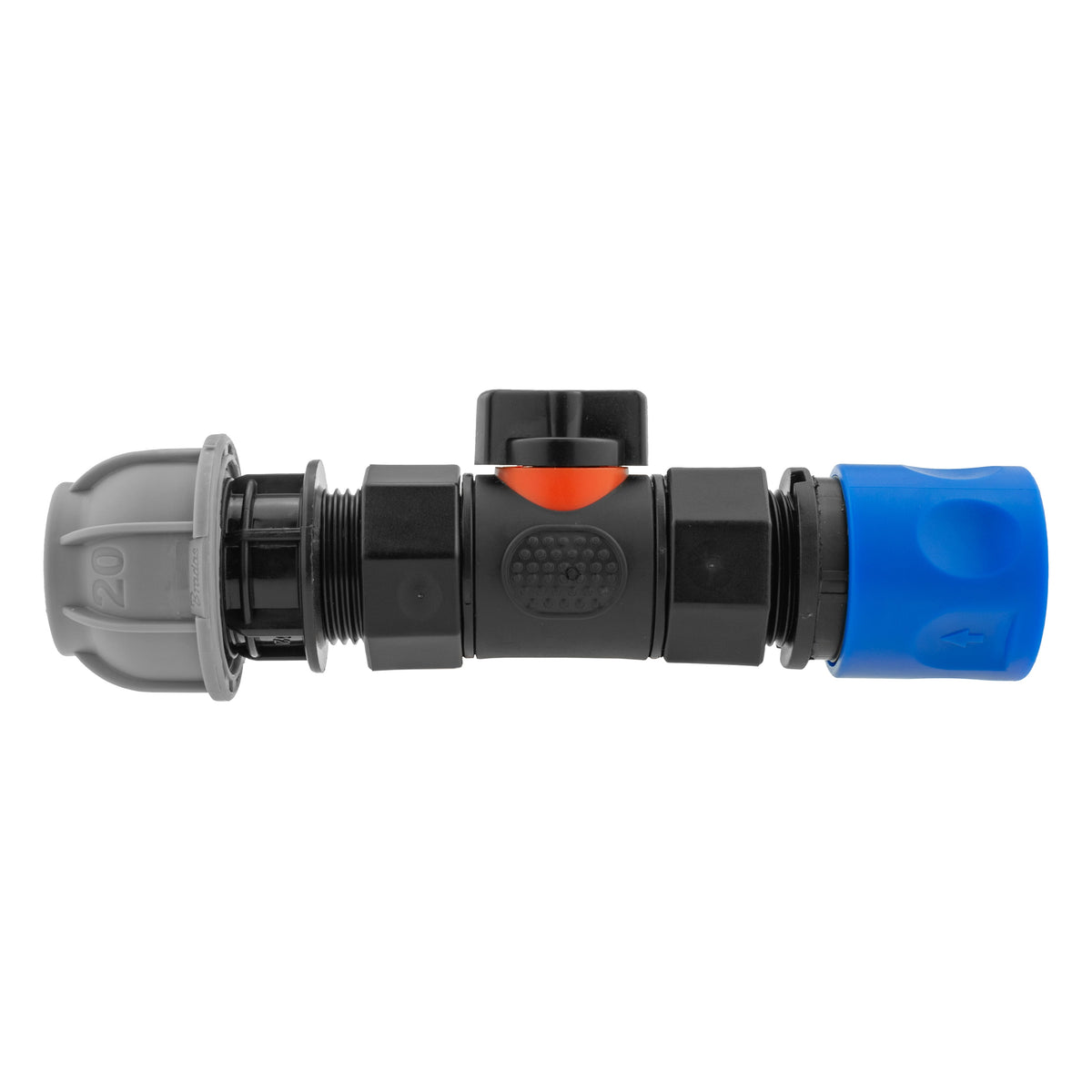Black manual inline valve with blue female snap-on coupling and 20mm MDPE compression fitting.
